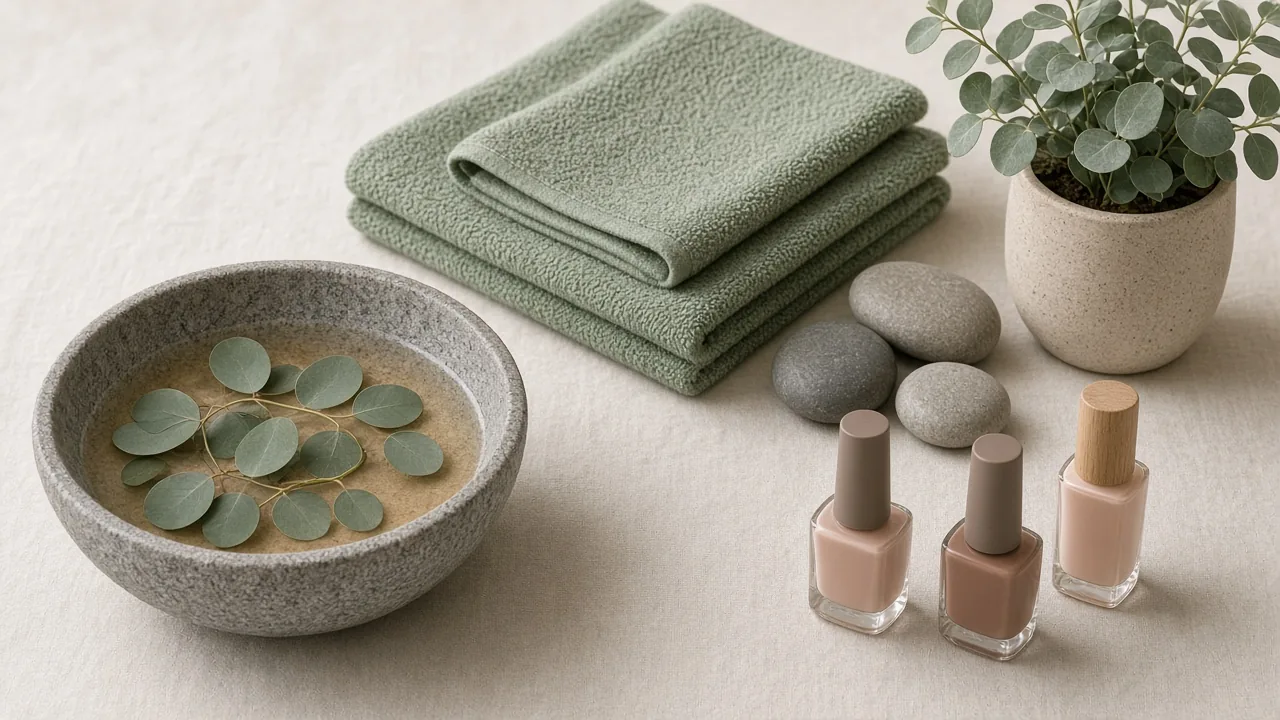 A calm manicure table with a stone bowl of water and eucalyptus, a folded sage towel, river stones, a plant and nude polish bottles